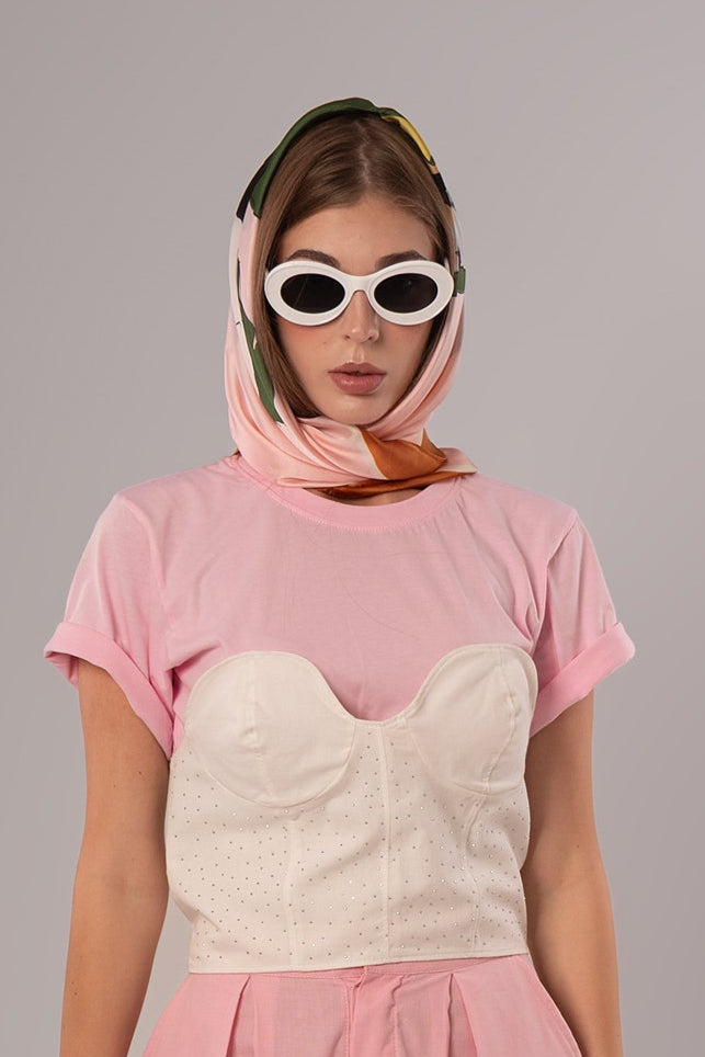 Two-Piece Set: Corset + Cotton White/Pink Top