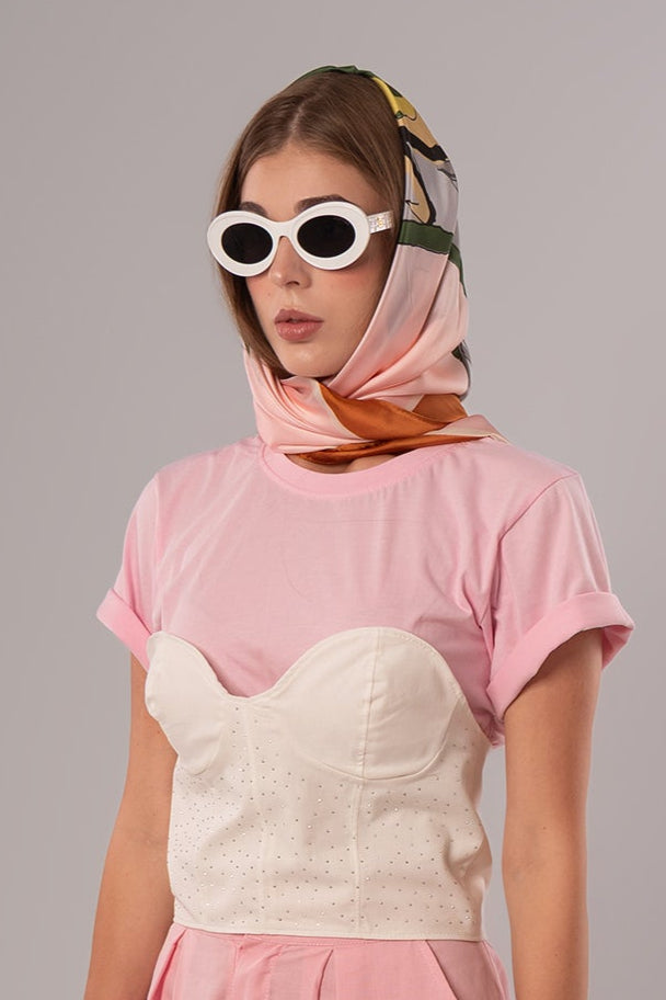 Two-Piece Set: Corset + Cotton White/Pink Top