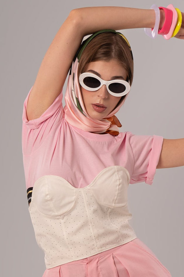 Two-Piece Set: Corset + Cotton White/Pink Top