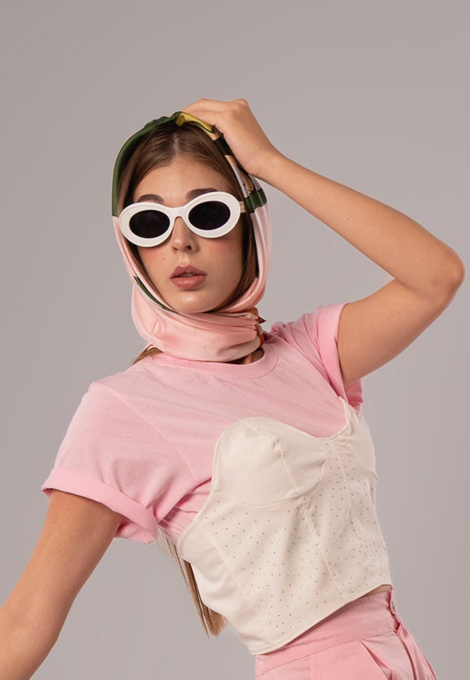 Two-Piece Set: Corset + Cotton White/Pink Top