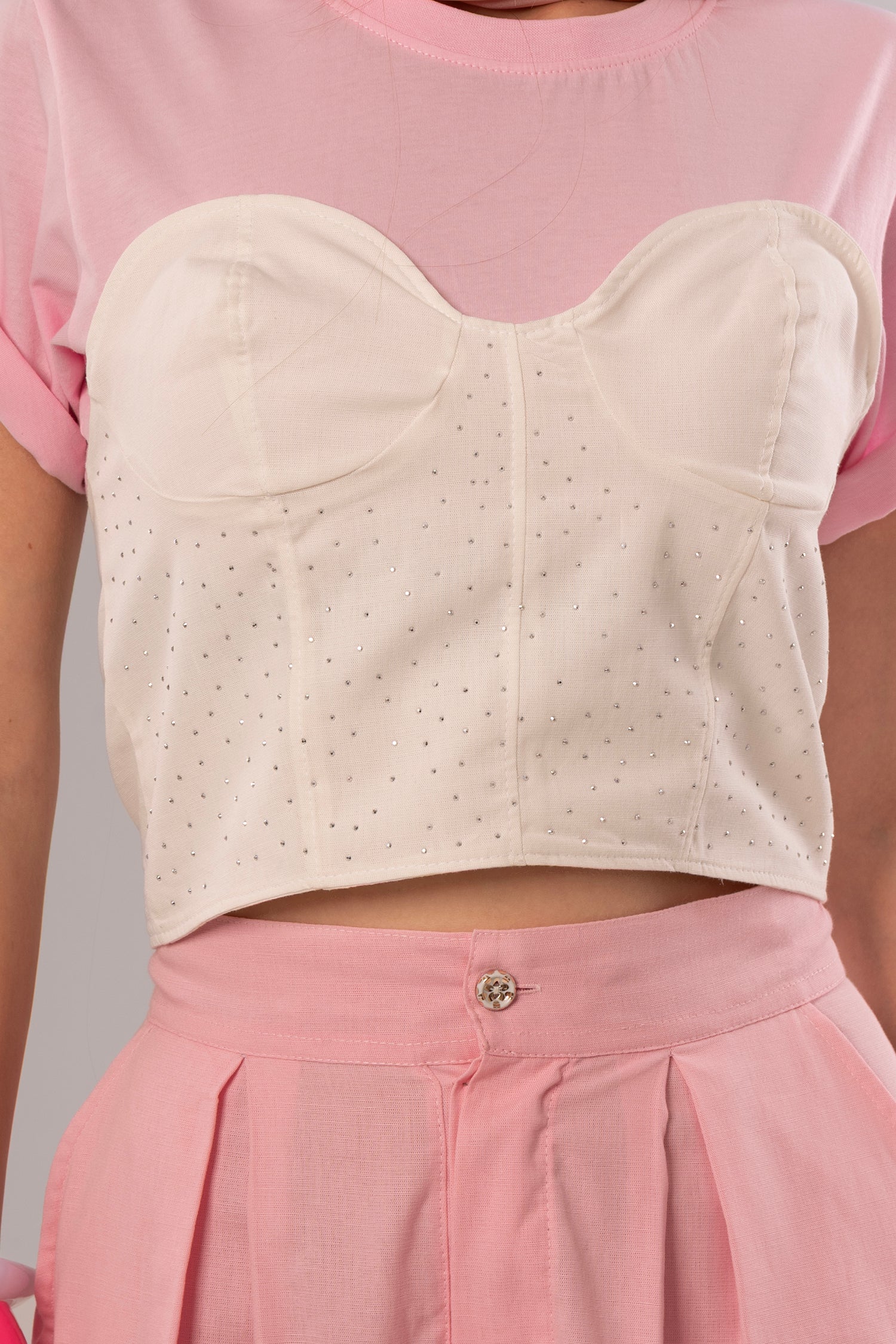 Two-Piece Set: Corset + Cotton White/Pink Top