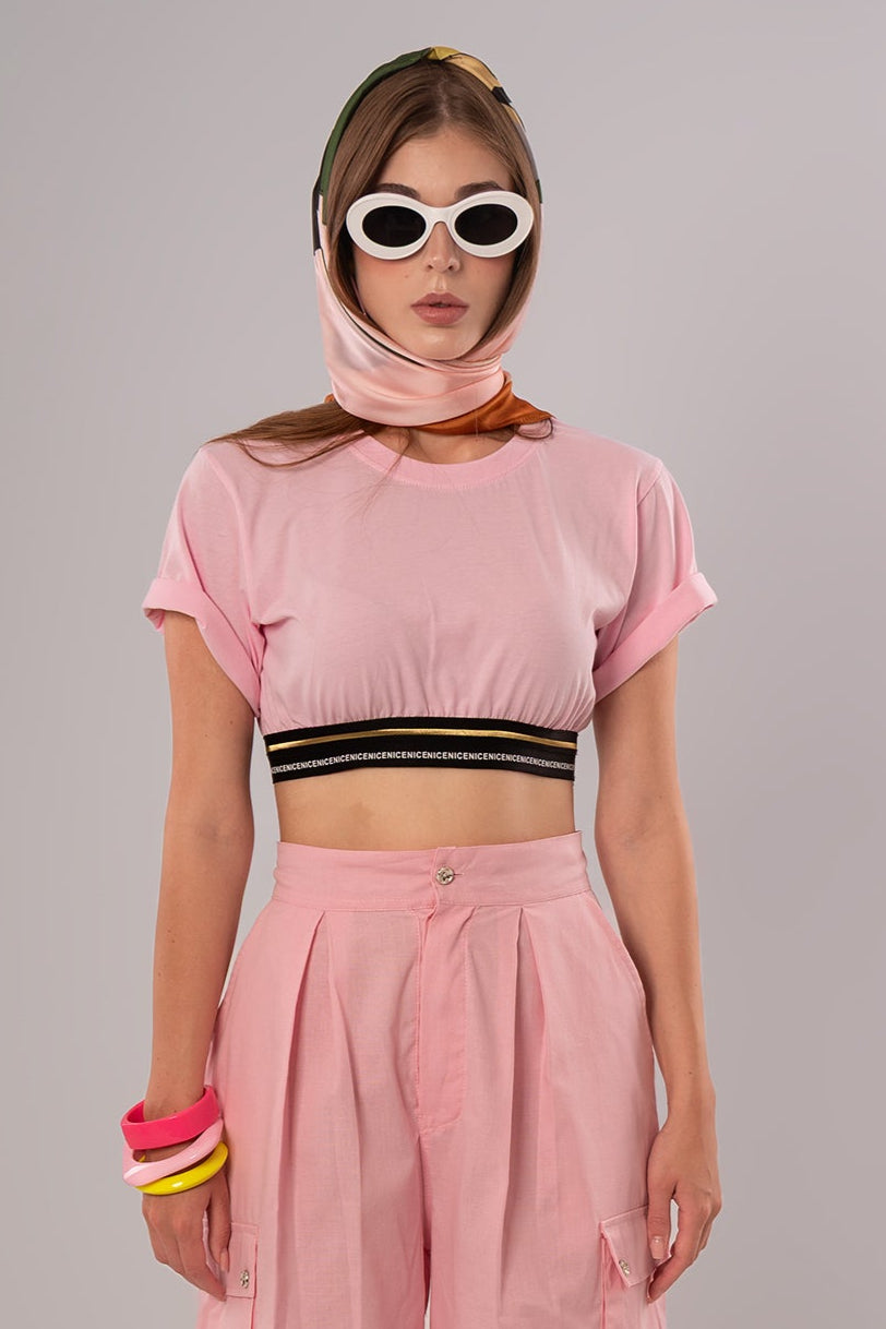 Elastic Hem Pink Crop Top