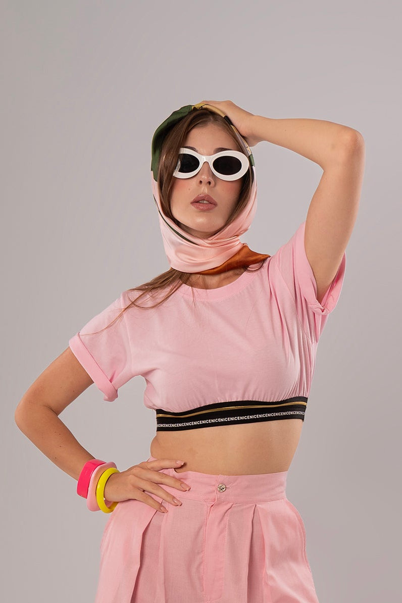 Elastic Hem Pink Crop Top