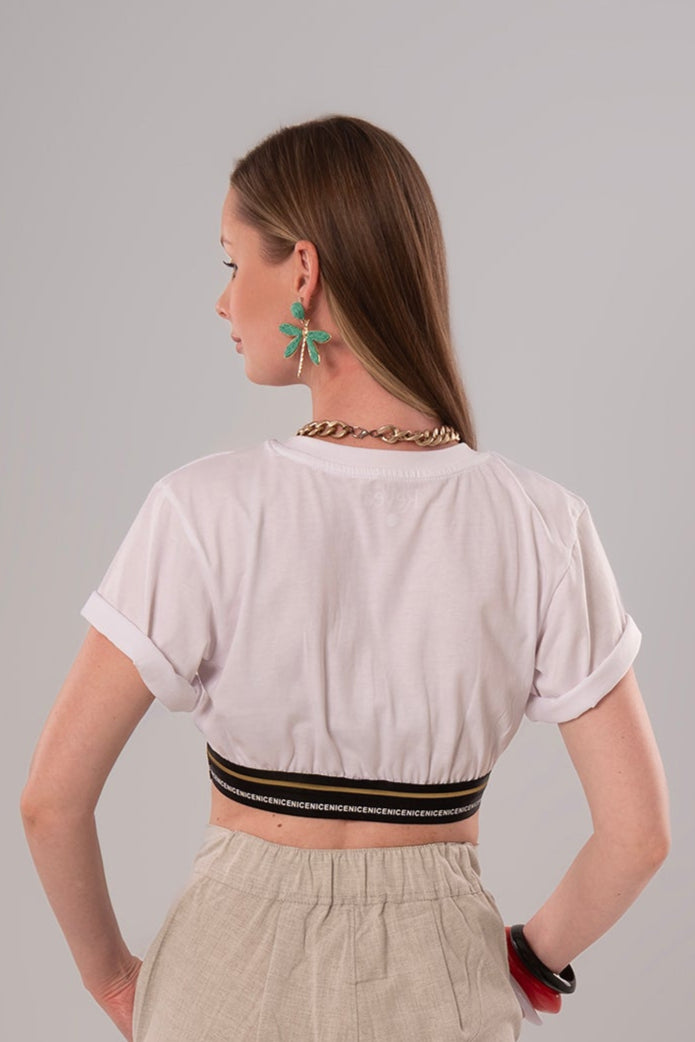 Elastic Hem White Crop Top