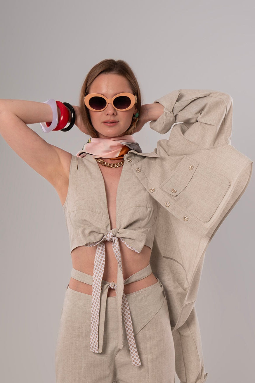 Short Linen Beige Top