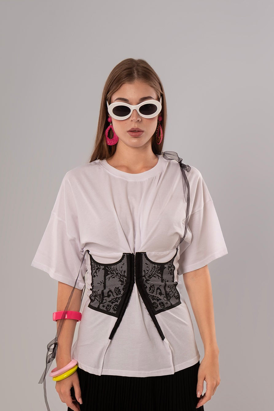 Corset-Print Cotton White Top