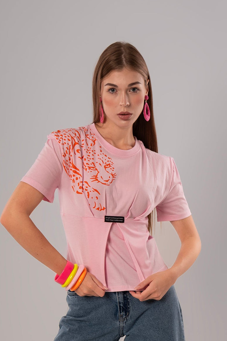 Tiger-Print Cotton Pink Top