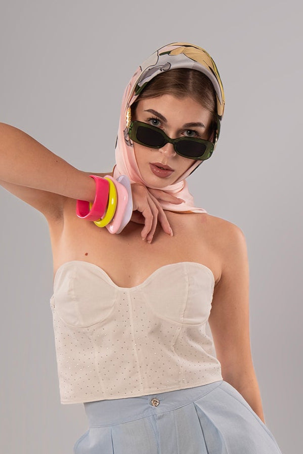 Two-Piece Set: Corset + Cotton White/Pink Top