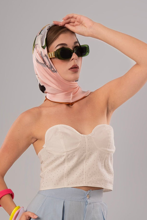 Two-Piece Set: Corset + Cotton White/Pink Top