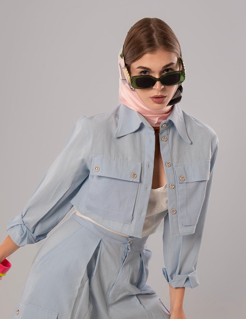 Short Linen Baby Blue Jacket