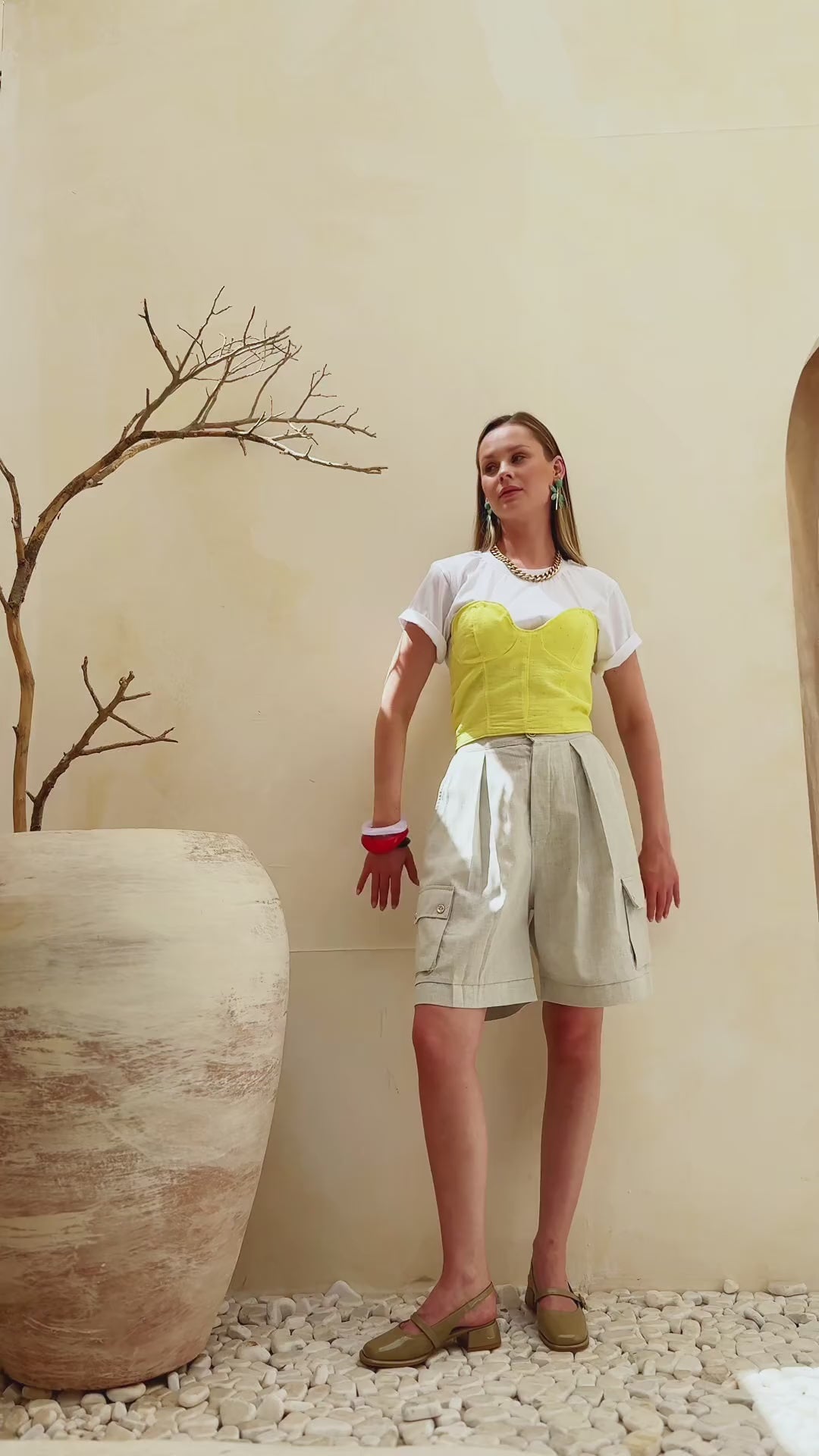 Two-Piece Set: Corset + Cotton Yellow/White Top