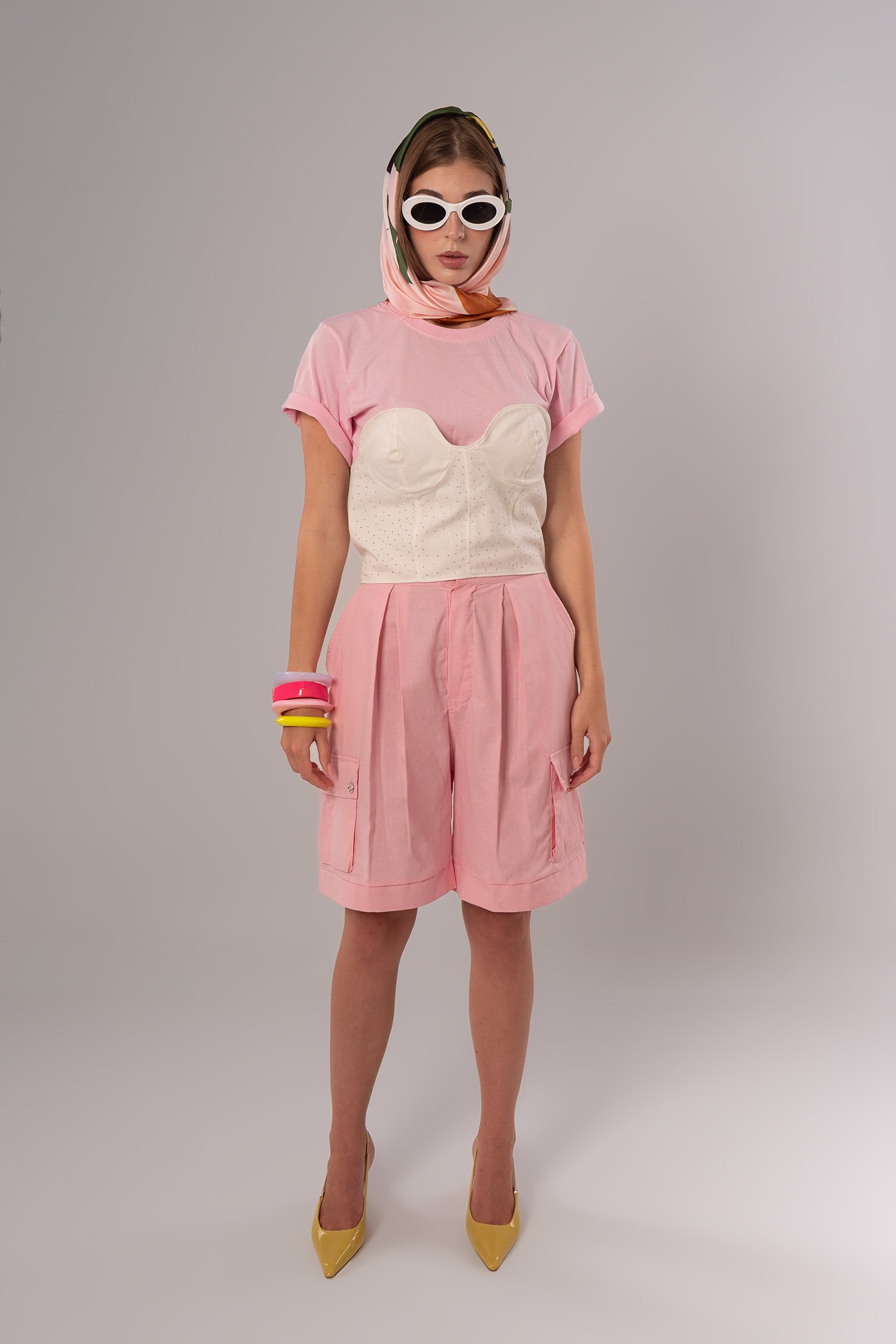 Two-Piece Set: Corset + Cotton White/Pink Top
