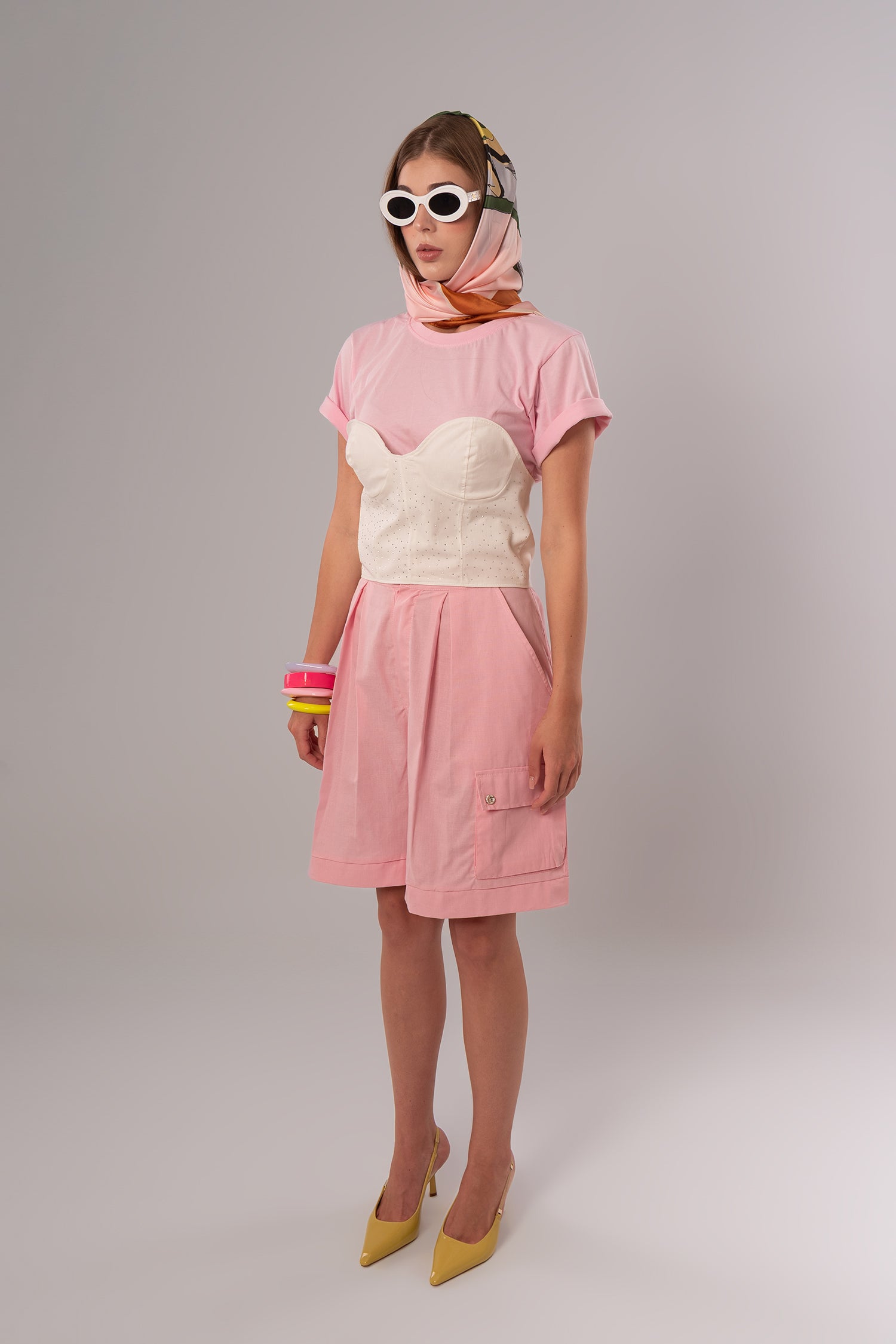 Two-Piece Set: Corset + Cotton White/Pink Top