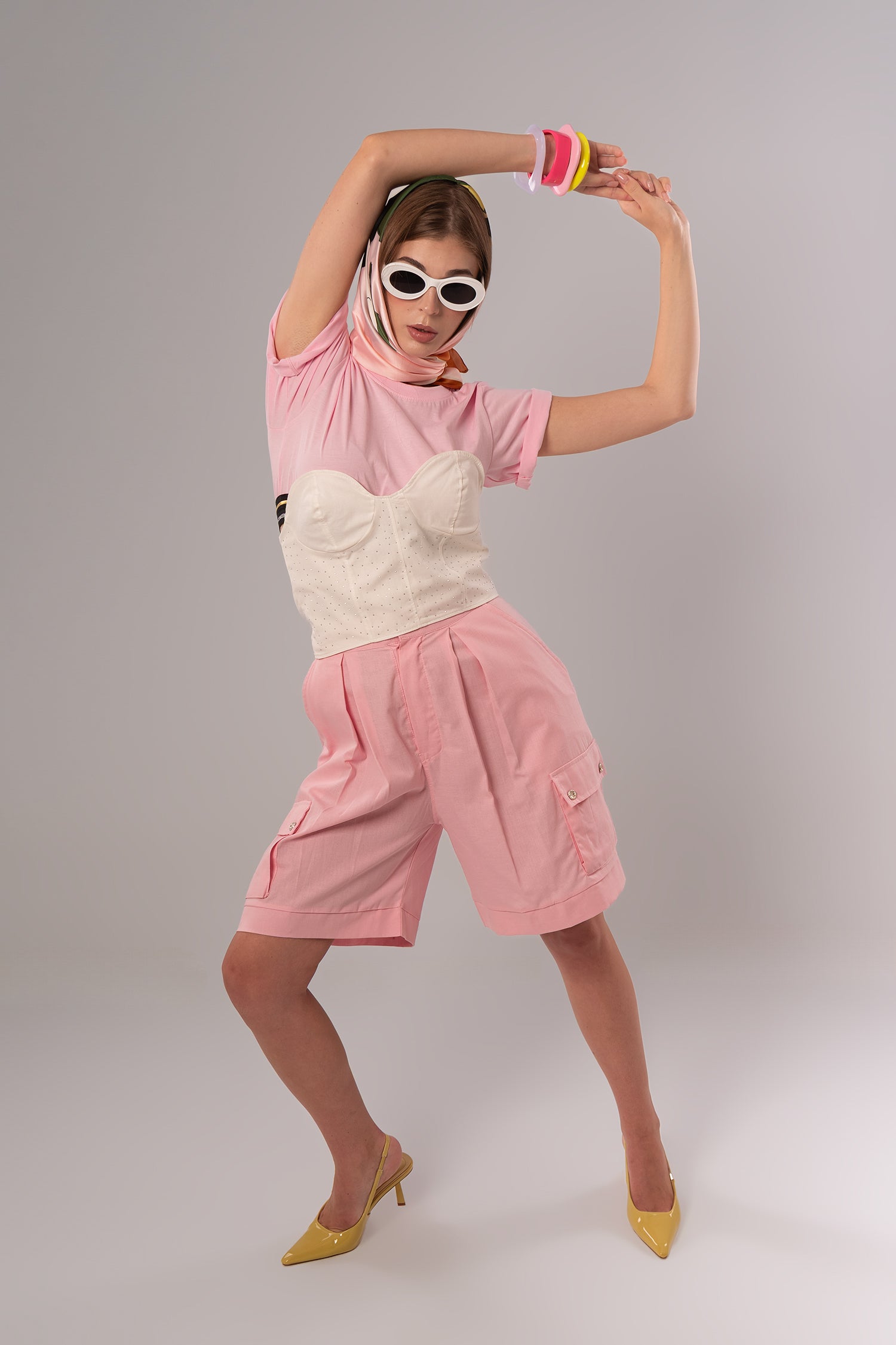Two-Piece Set: Corset + Cotton White/Pink Top