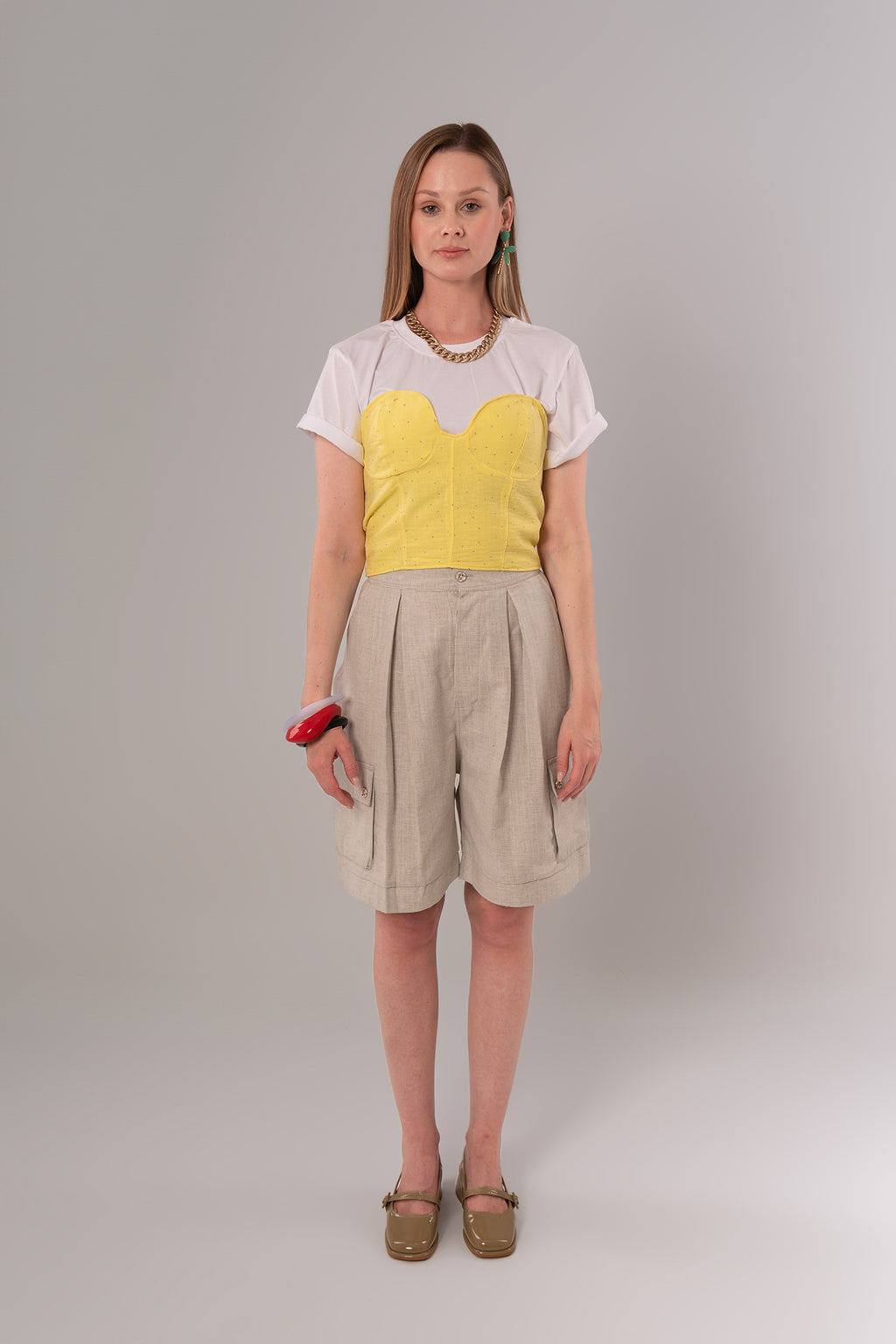 Two-Piece Set: Corset + Cotton Yellow/White Top