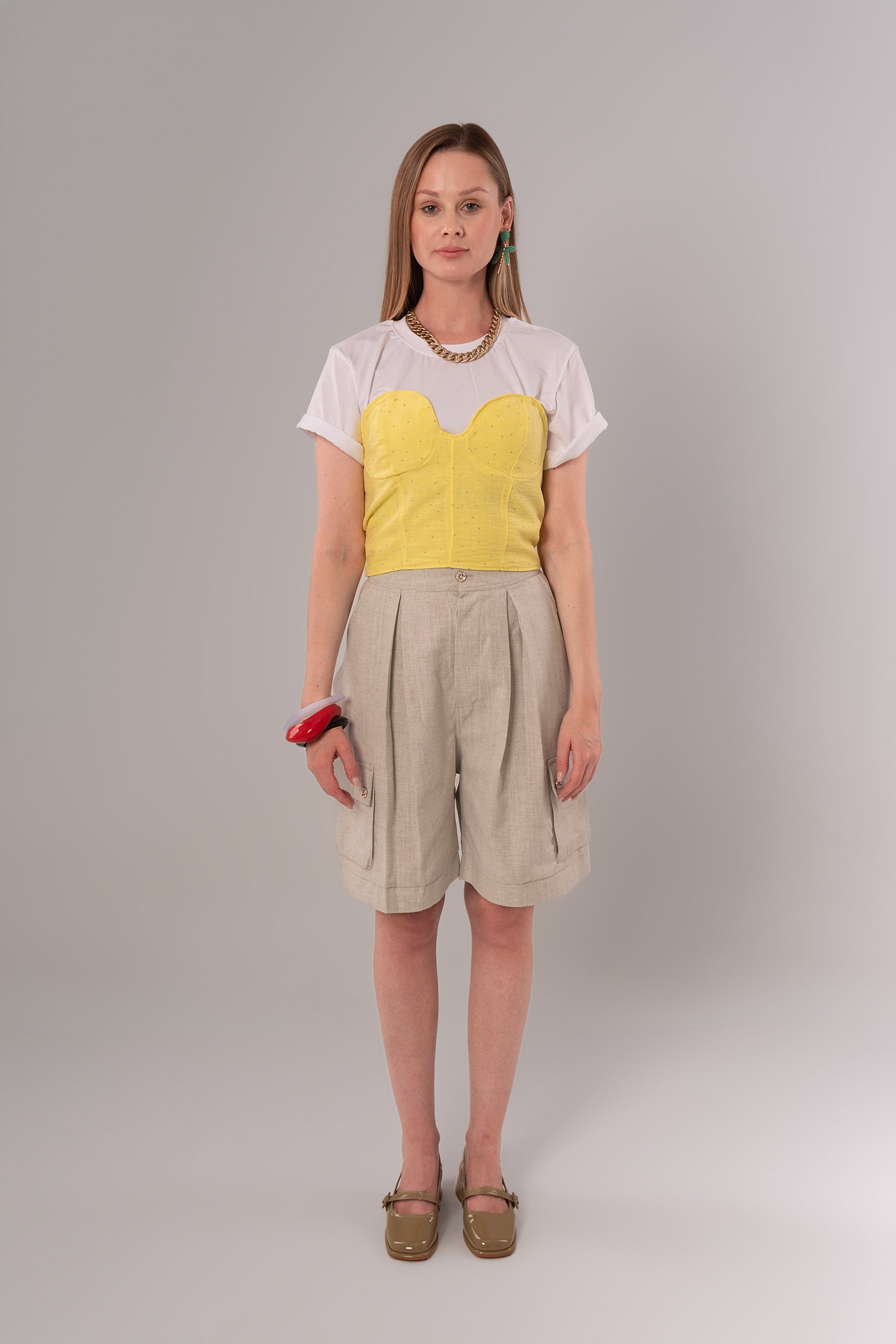 Two-Piece Set: Corset + Cotton Yellow/White Top