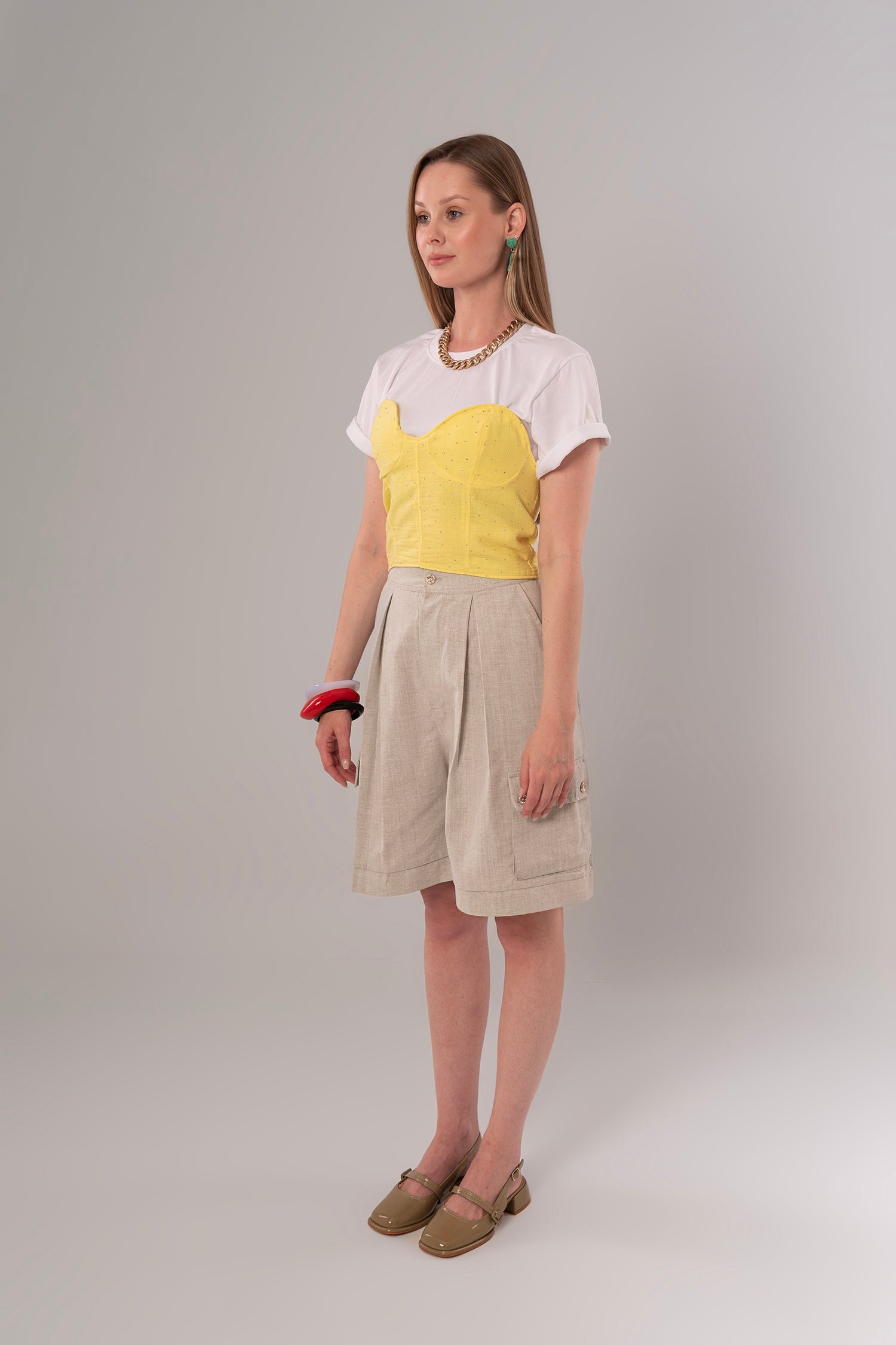 Two-Piece Set: Corset + Cotton Yellow/White Top