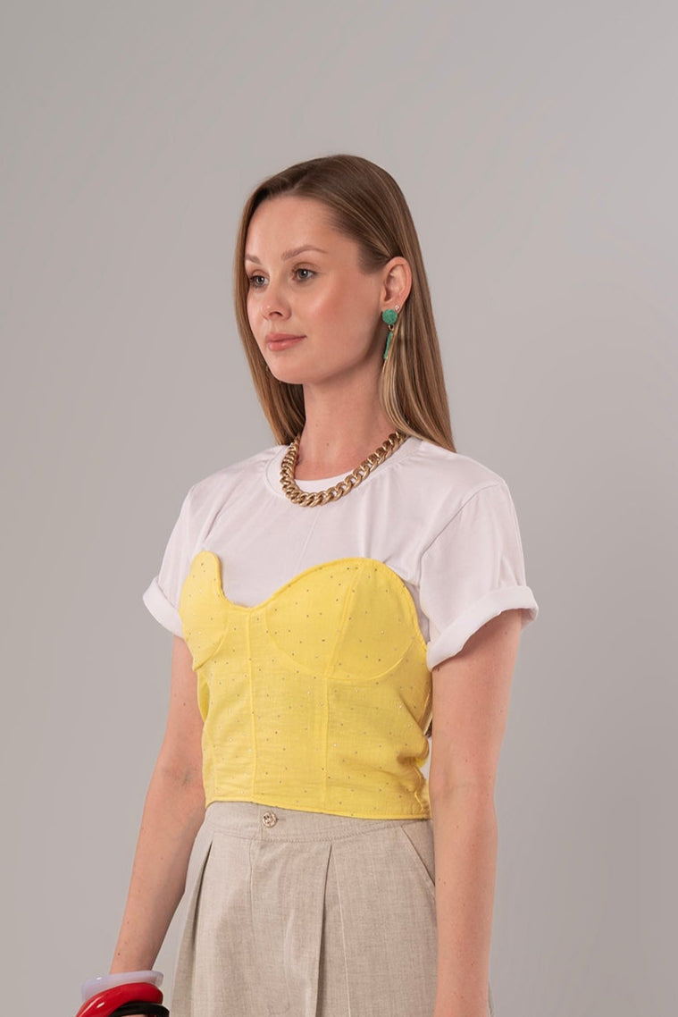 Two-Piece Set: Corset + Cotton Yellow/White Top