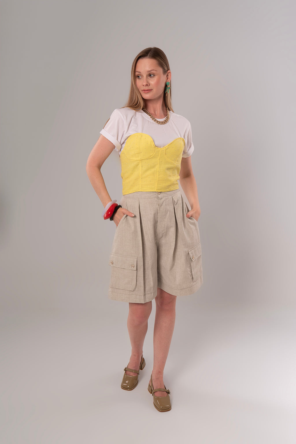 Two-Piece Set: Corset + Cotton Yellow/White Top