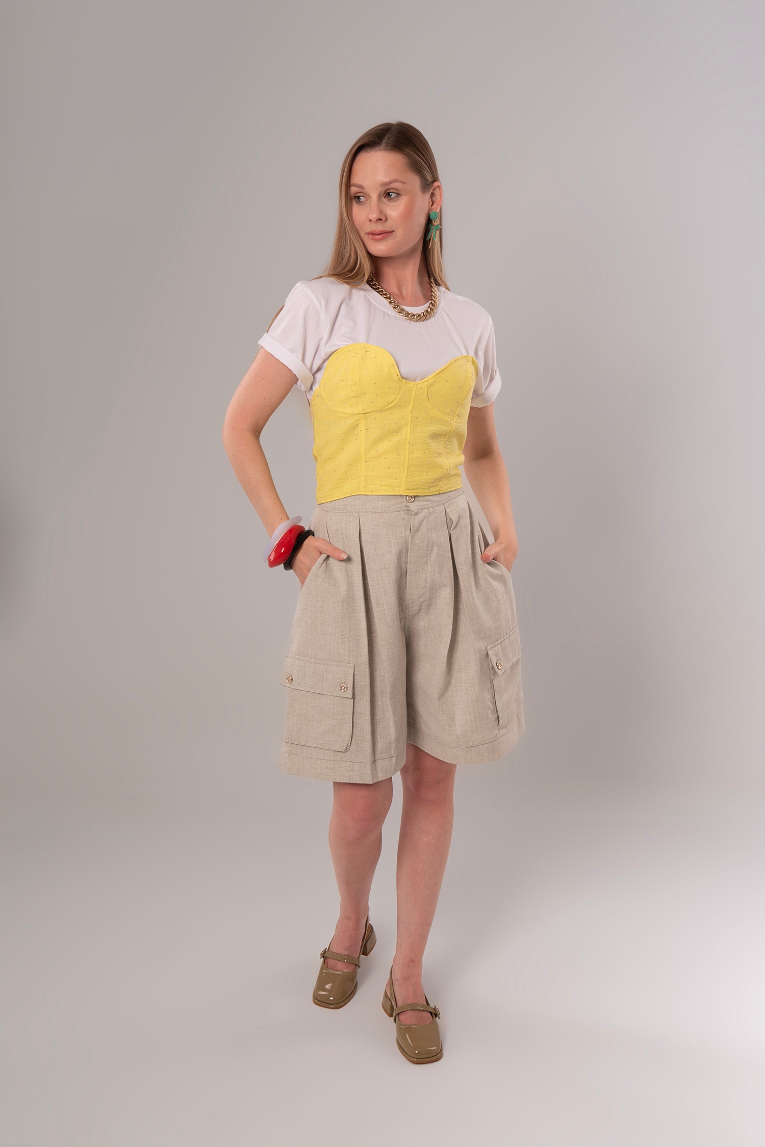 Two-Piece Set: Corset + Cotton Yellow/White Top