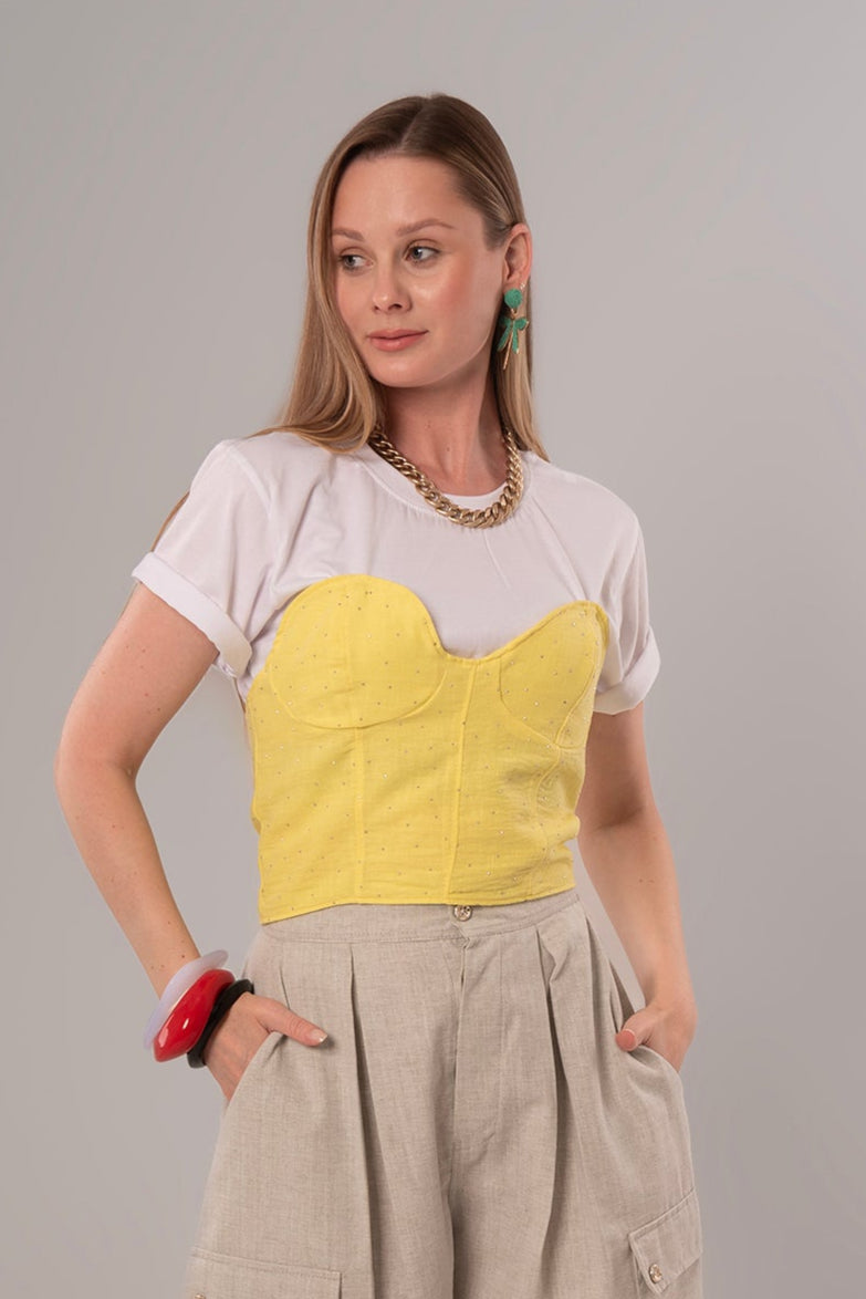 Two-Piece Set: Corset + Cotton Yellow/White Top