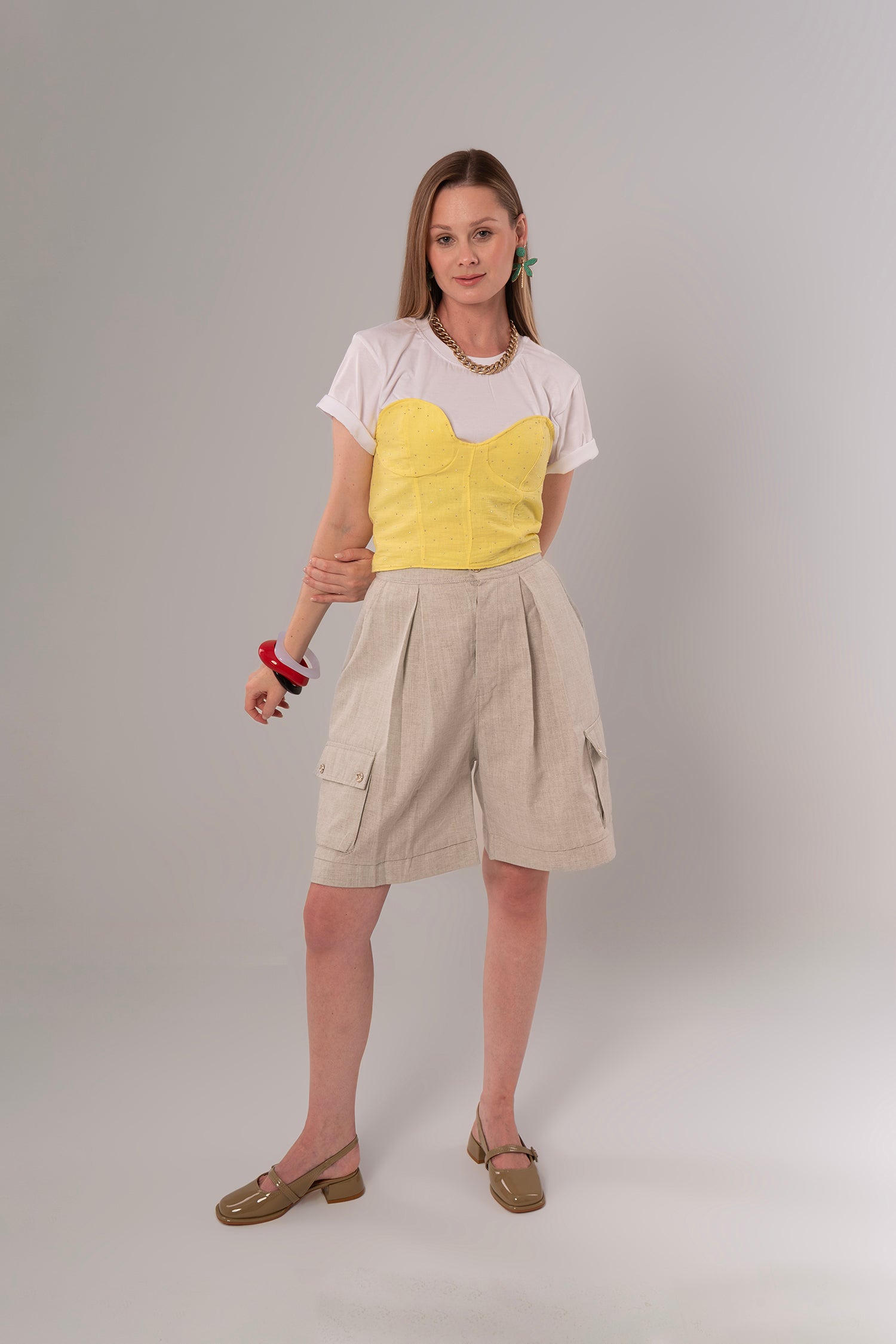 Two-Piece Set: Corset + Cotton Yellow/White Top