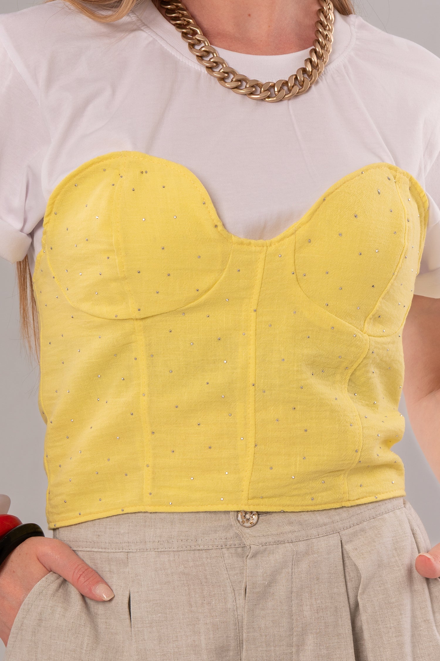 Two-Piece Set: Corset + Cotton Yellow/White Top
