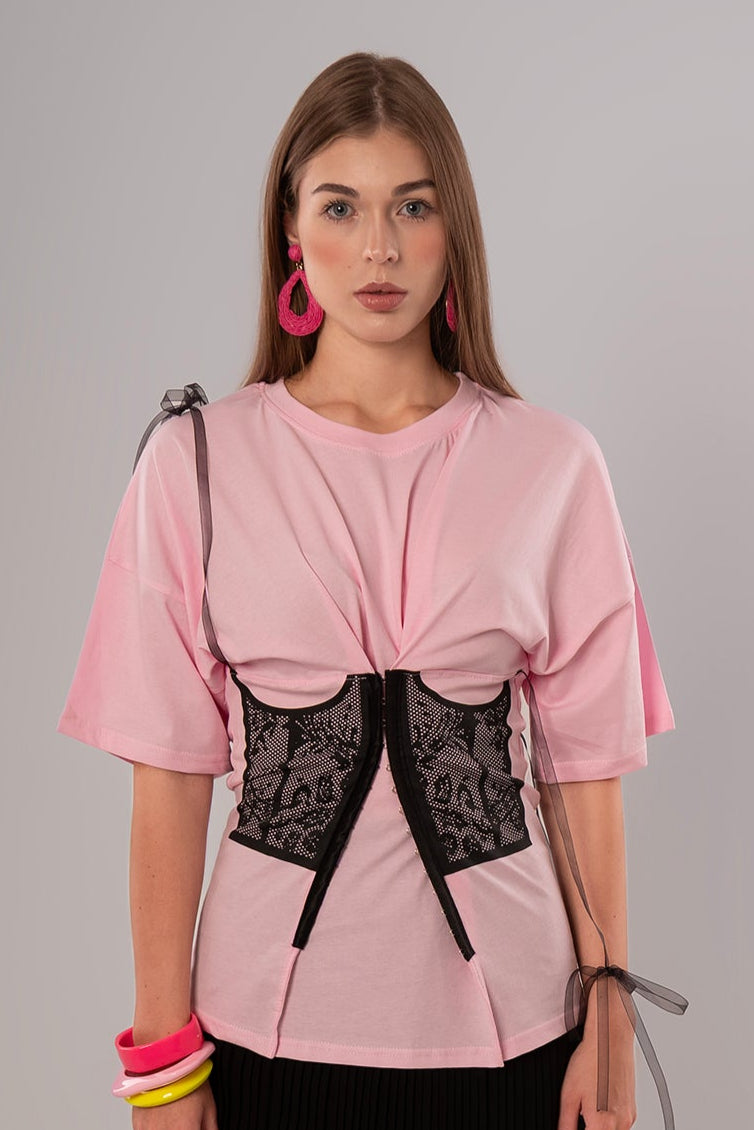 Corset-Print Cotton Pink Top