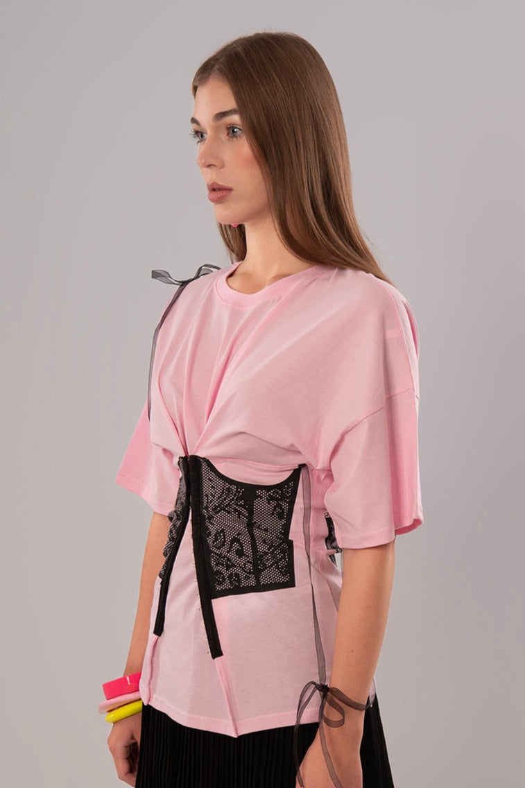 Corset-Print Cotton Pink Top