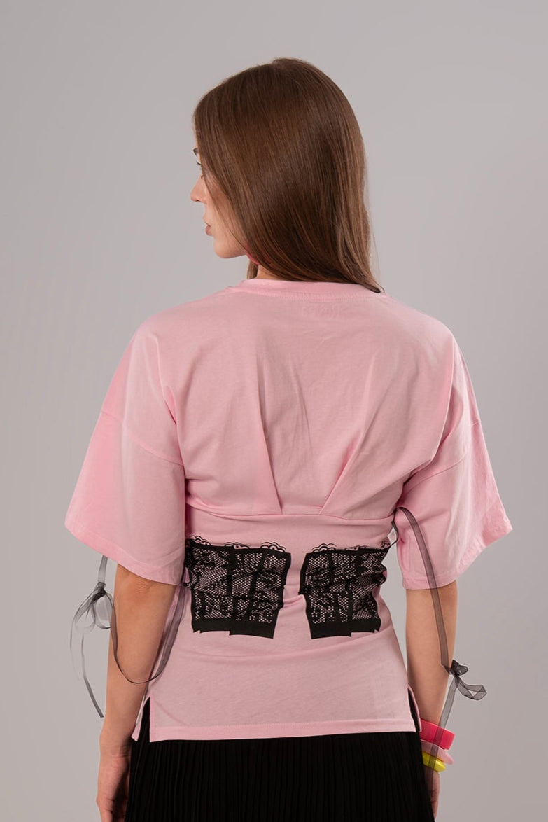 Corset-Print Cotton Pink Top