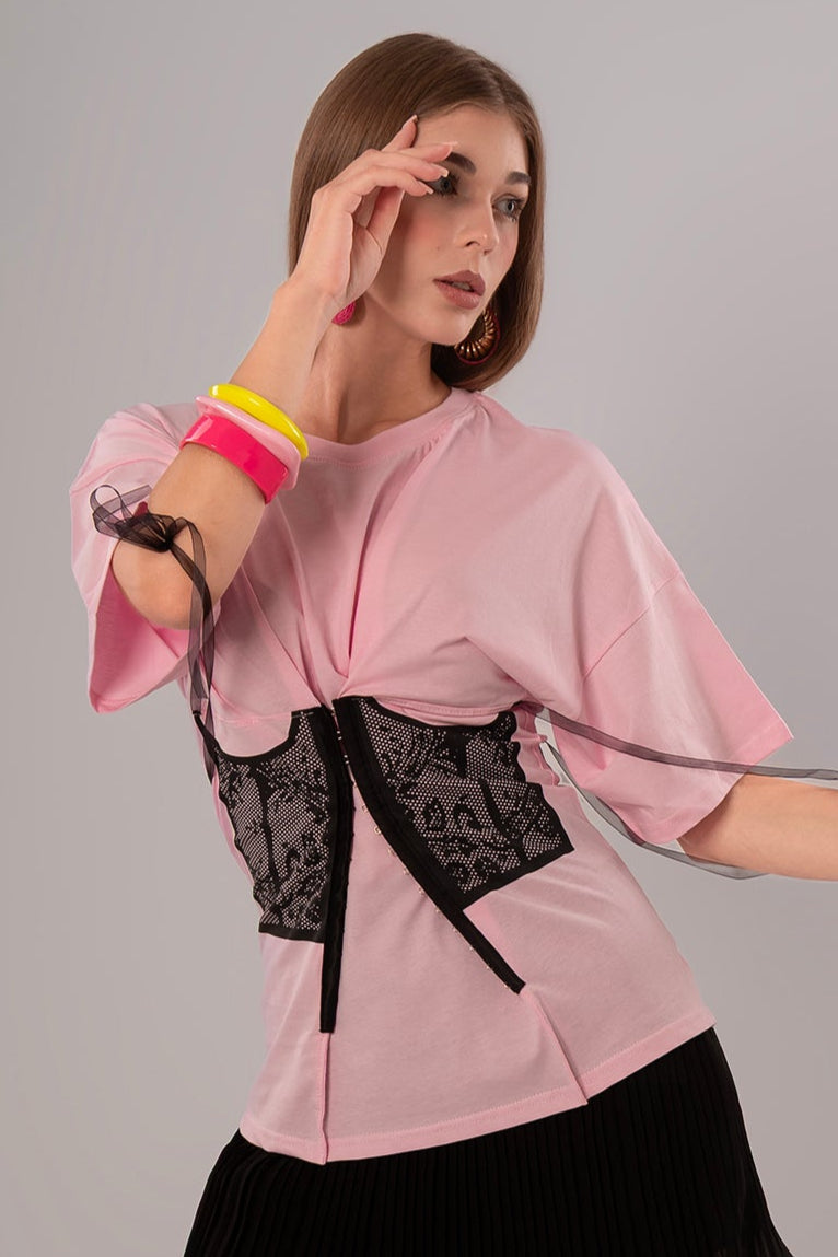 Corset-Print Cotton Pink Top