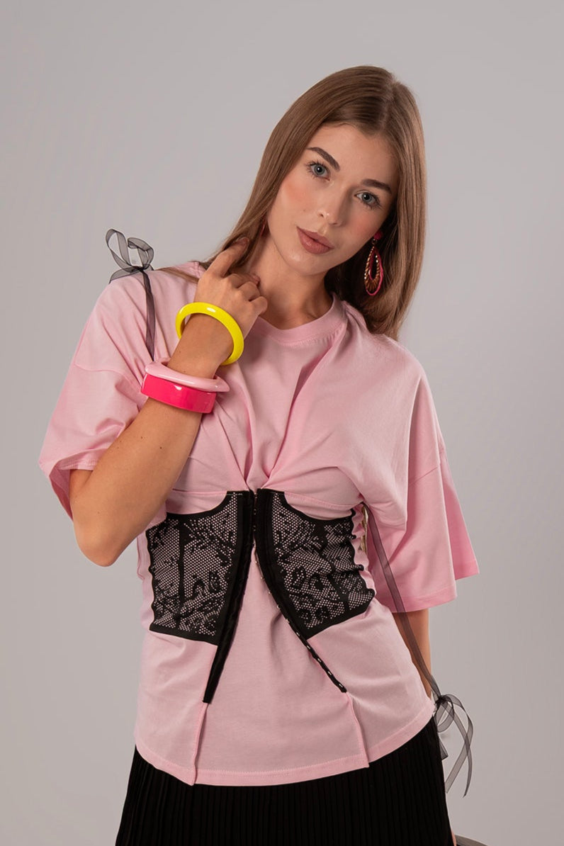 Corset-Print Cotton Pink Top
