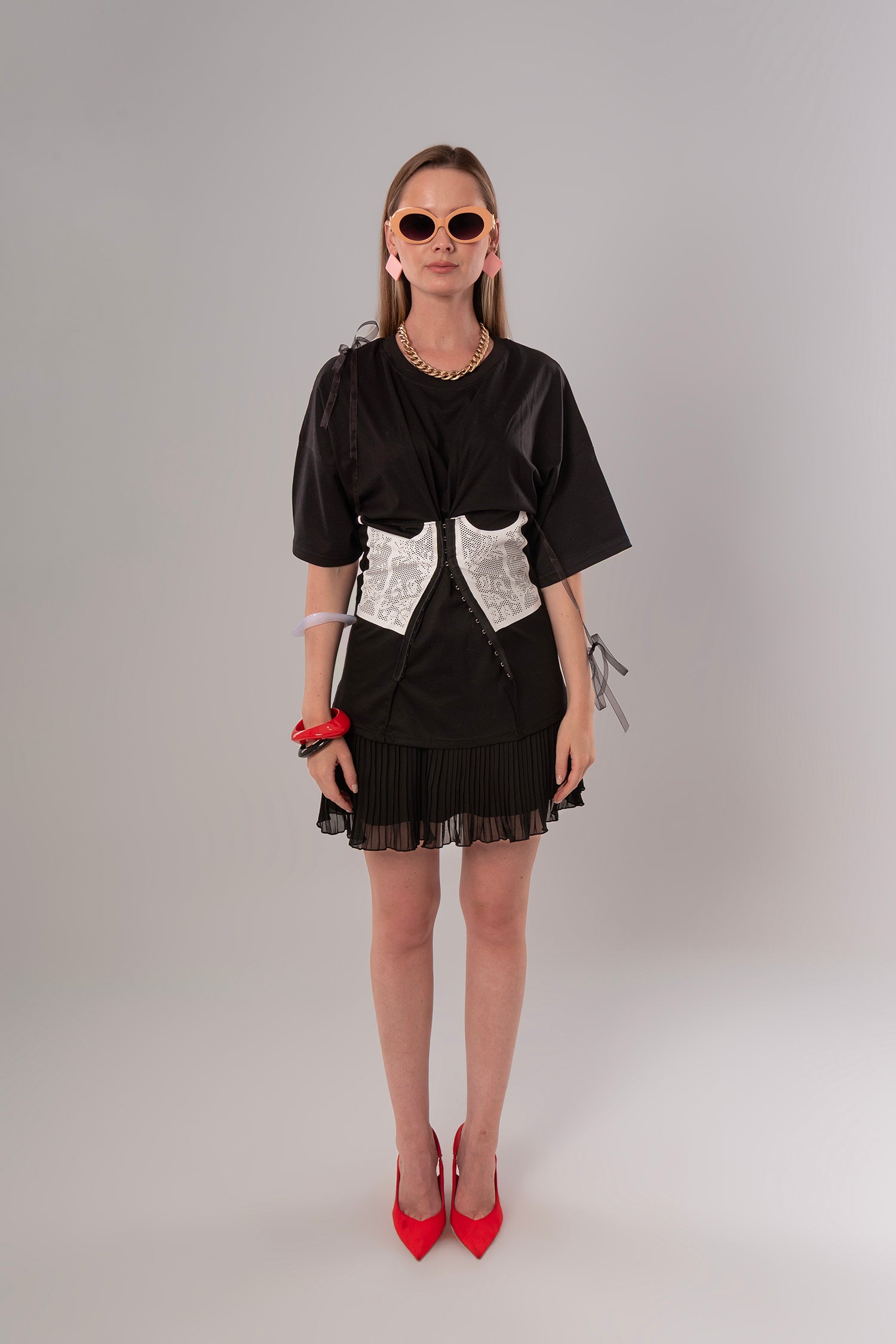 Corset-Print Cotton Black Top