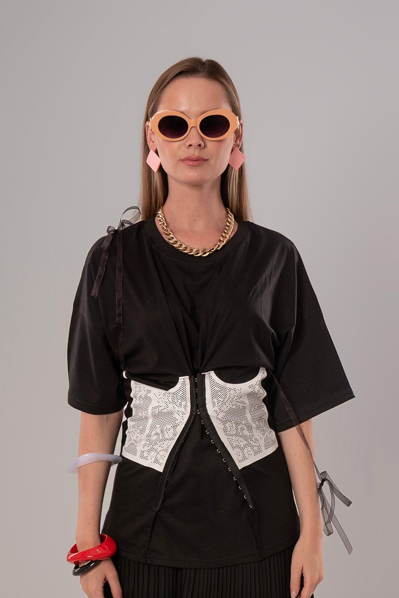 Corset-Print Cotton Black Top