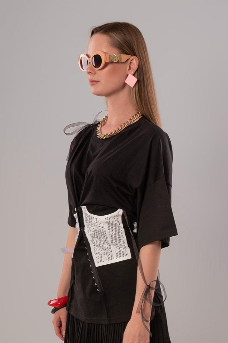 Corset-Print Cotton Black Top