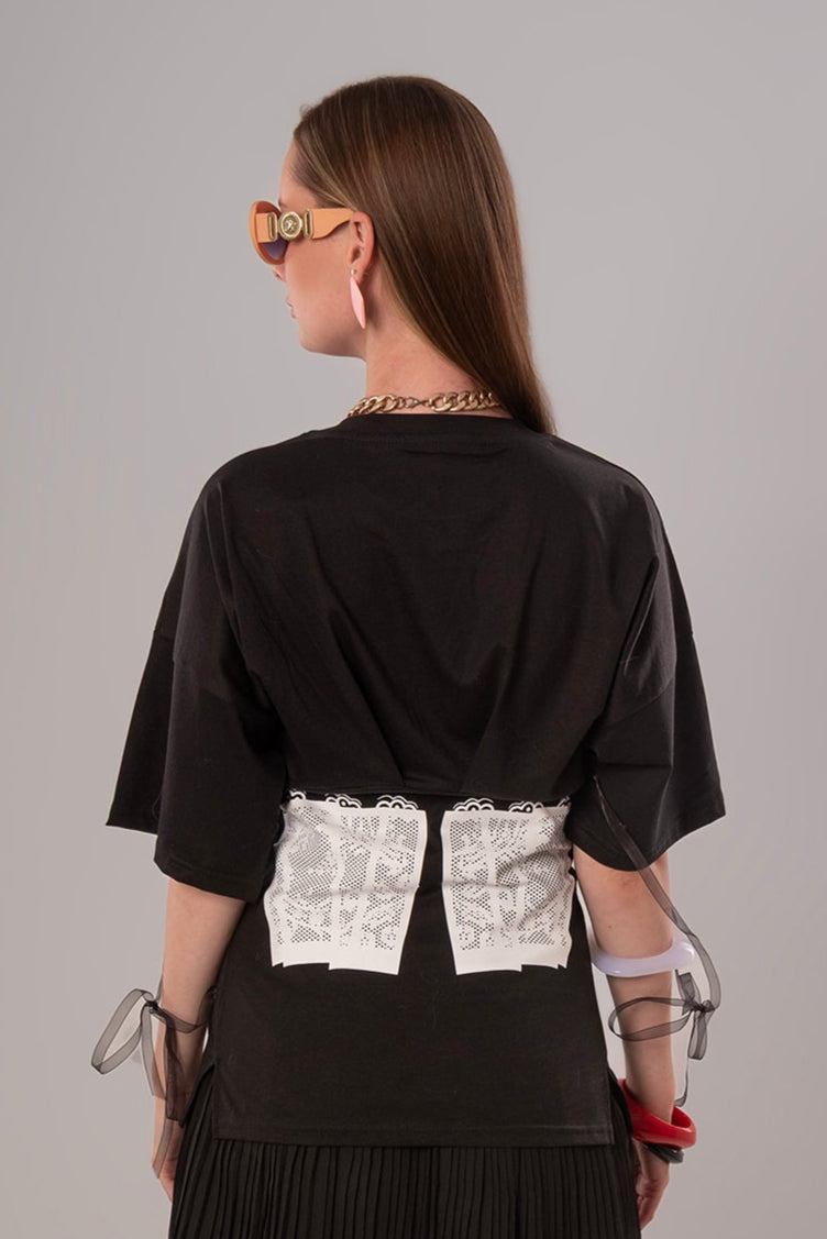 Corset-Print Cotton Black Top