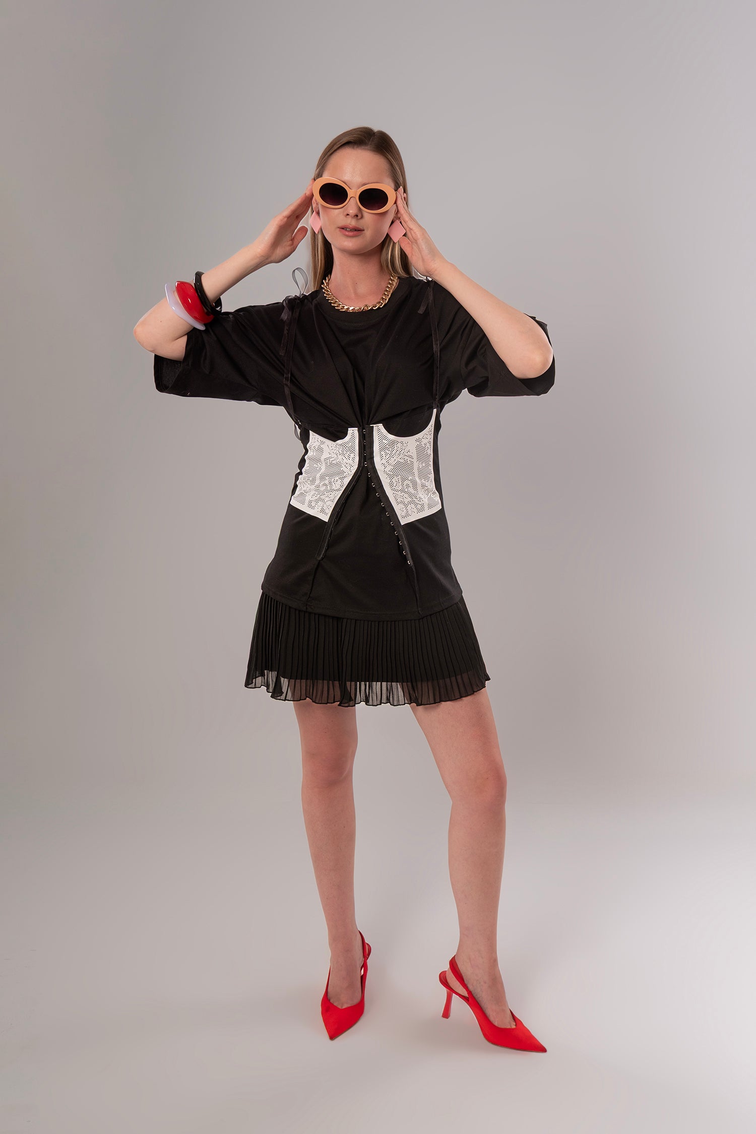 Corset-Print Cotton Black Top