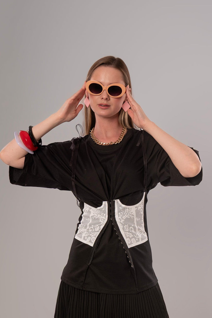 Corset-Print Cotton Black Top