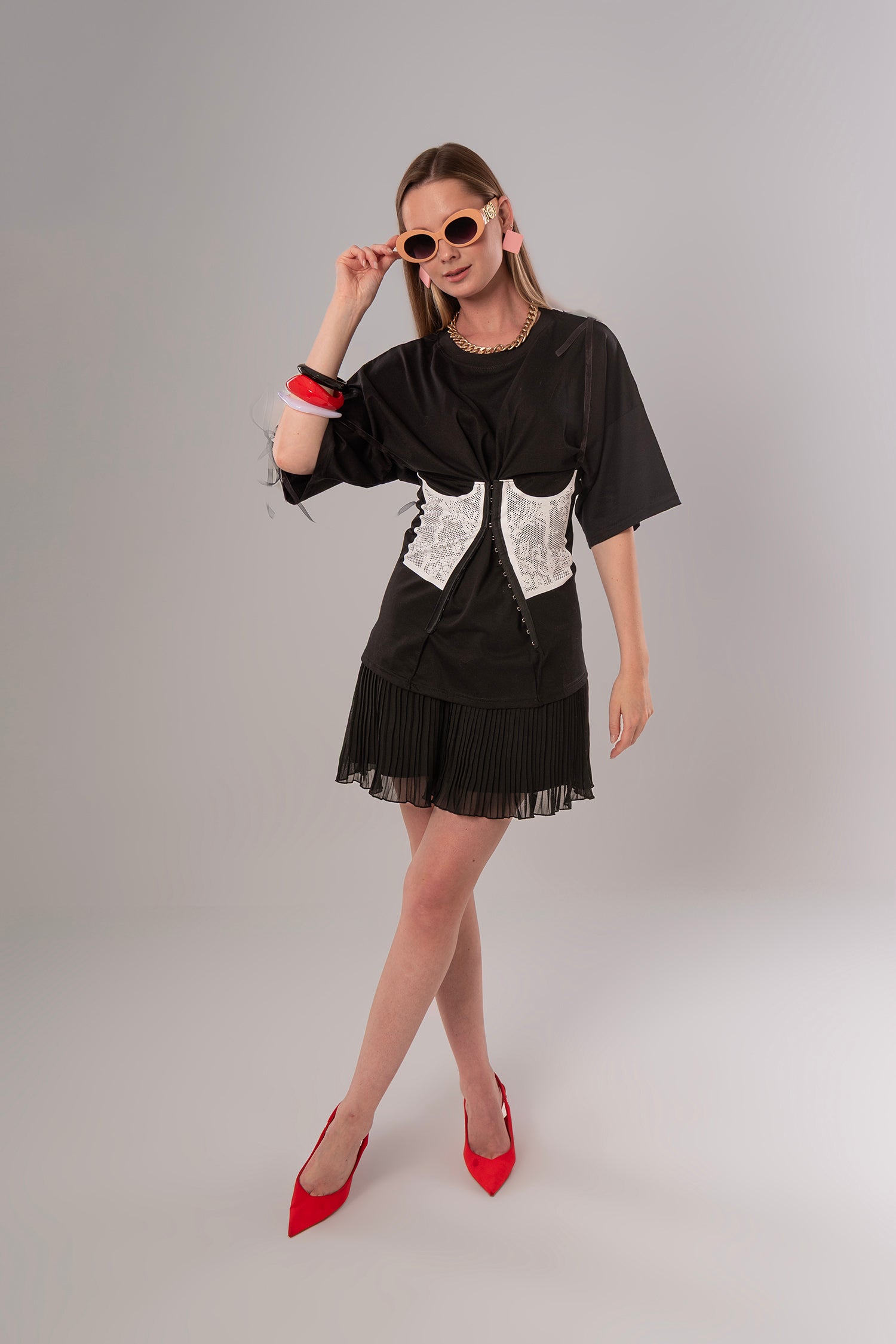 Corset-Print Cotton Black Top