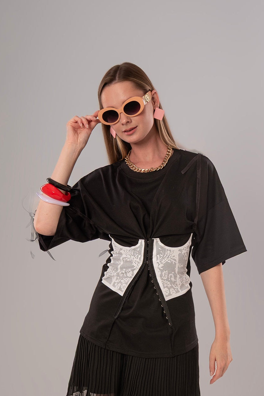 Corset-Print Cotton Black Top