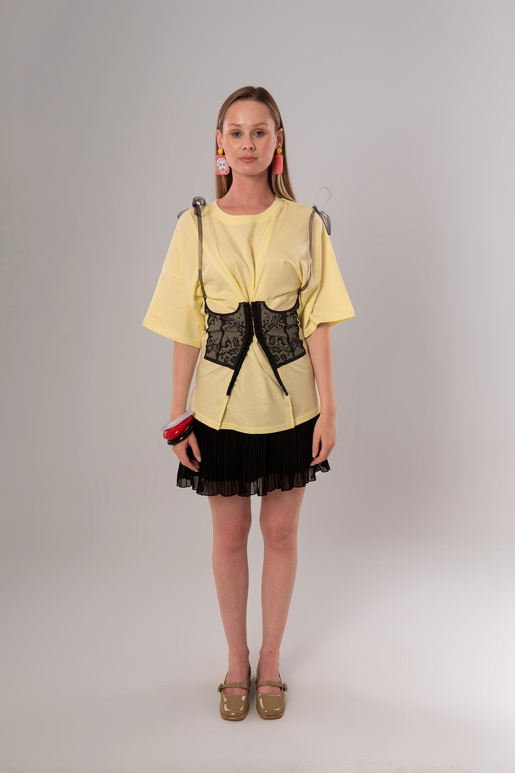 Corset-Print Cotton Yellow Top