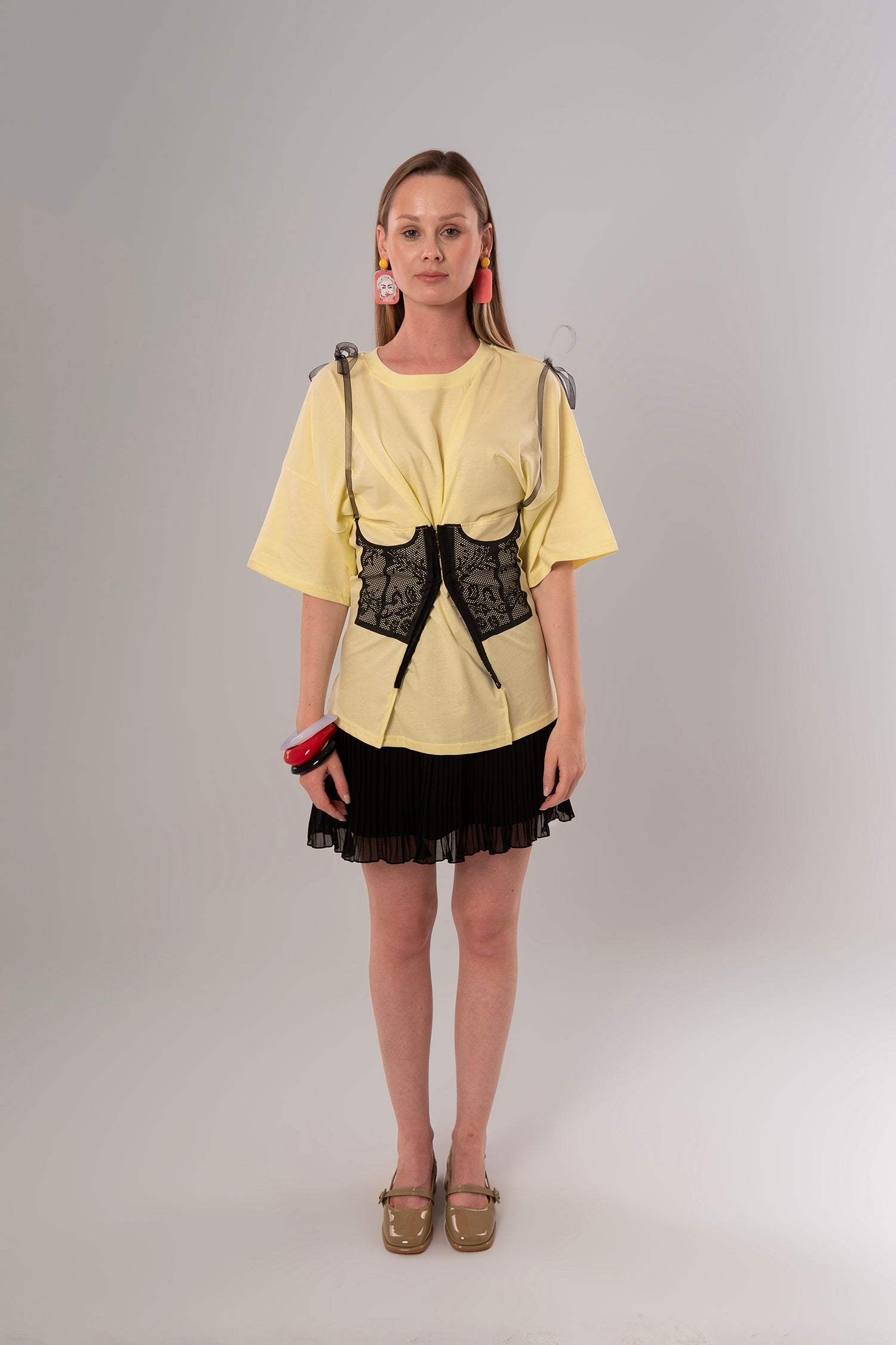 Corset-Print Cotton Yellow Top