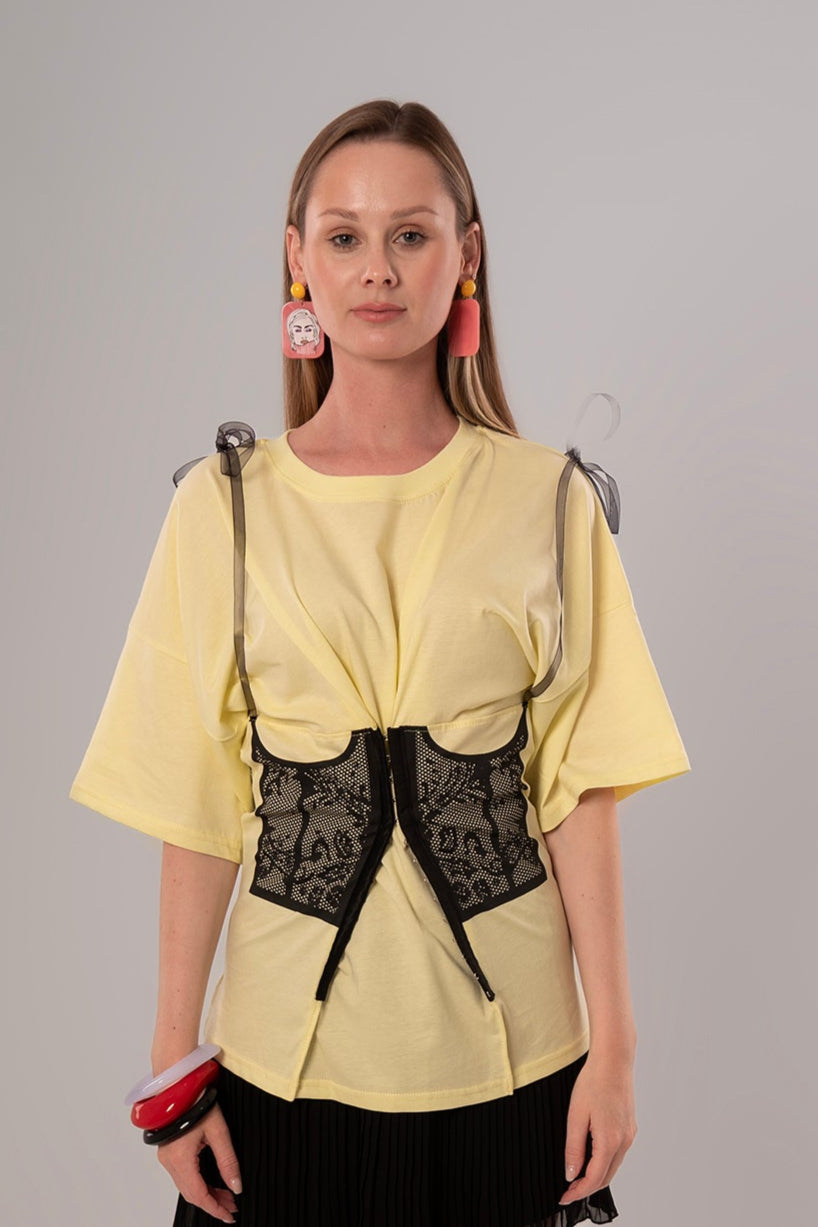Corset-Print Cotton Yellow Top