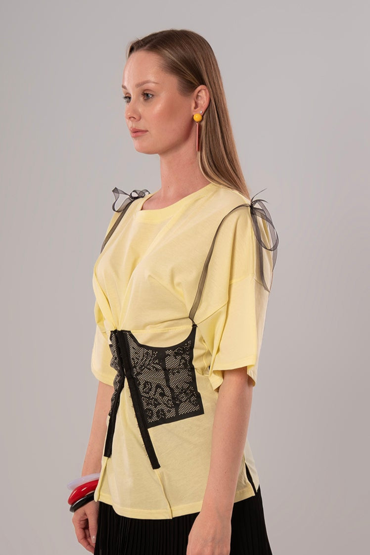 Corset-Print Cotton Yellow Top