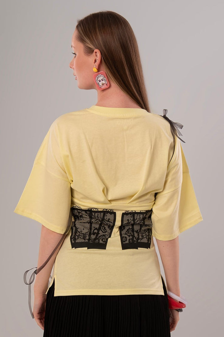 Corset-Print Cotton Yellow Top