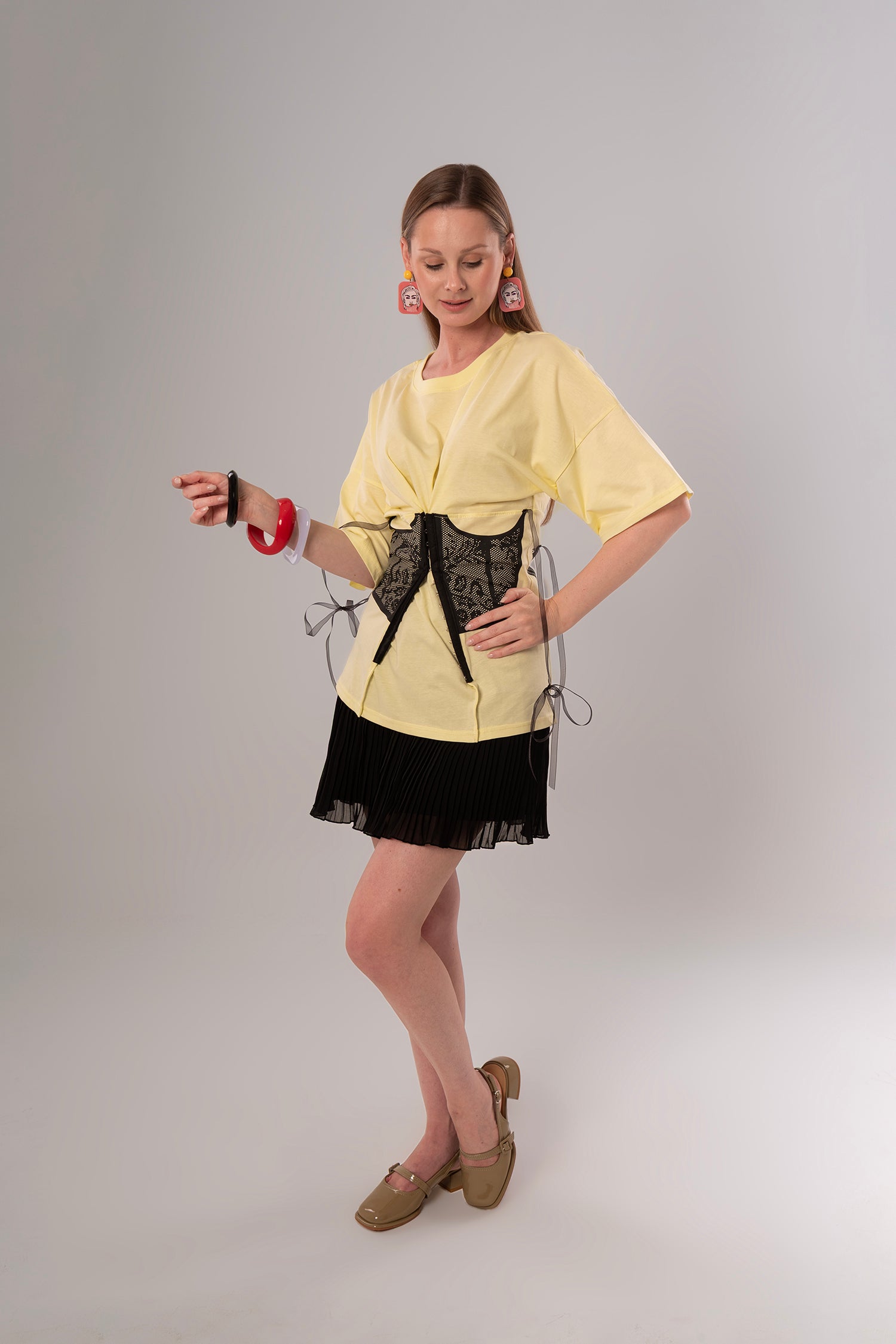 Corset-Print Cotton Yellow Top