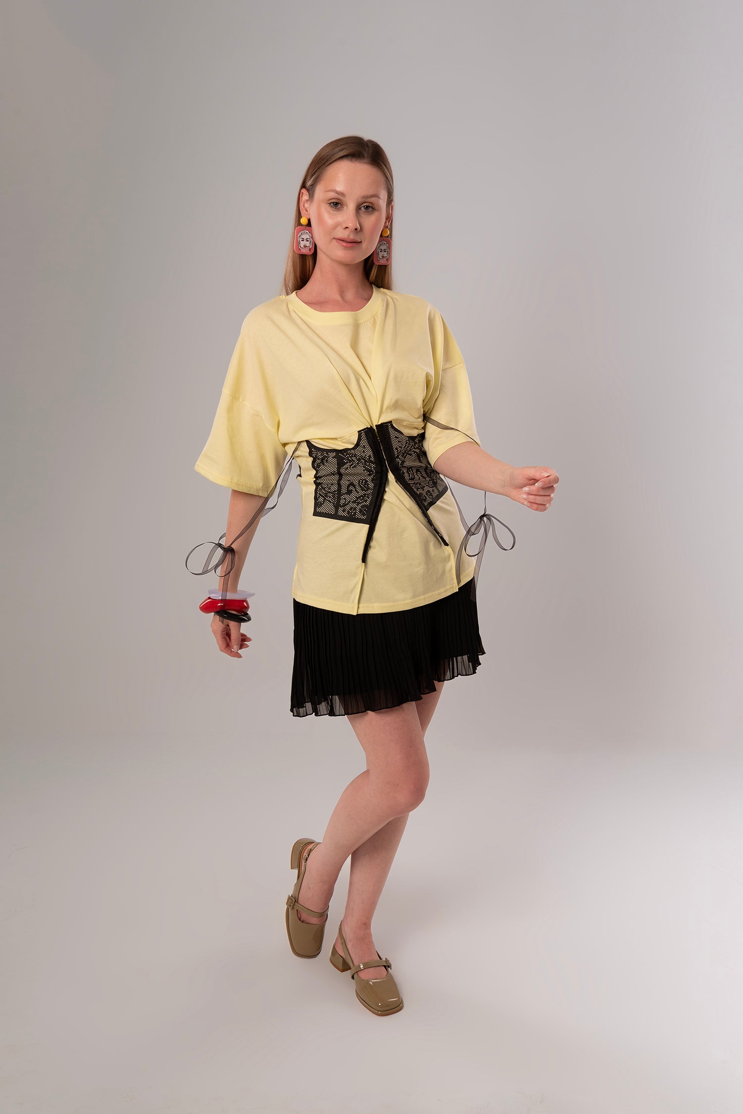Corset-Print Cotton Yellow Top