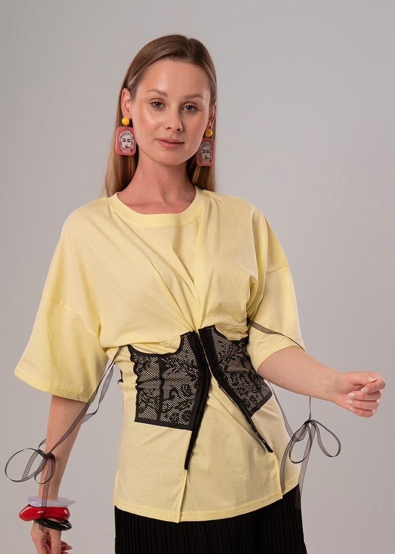 Corset-Print Cotton Yellow Top