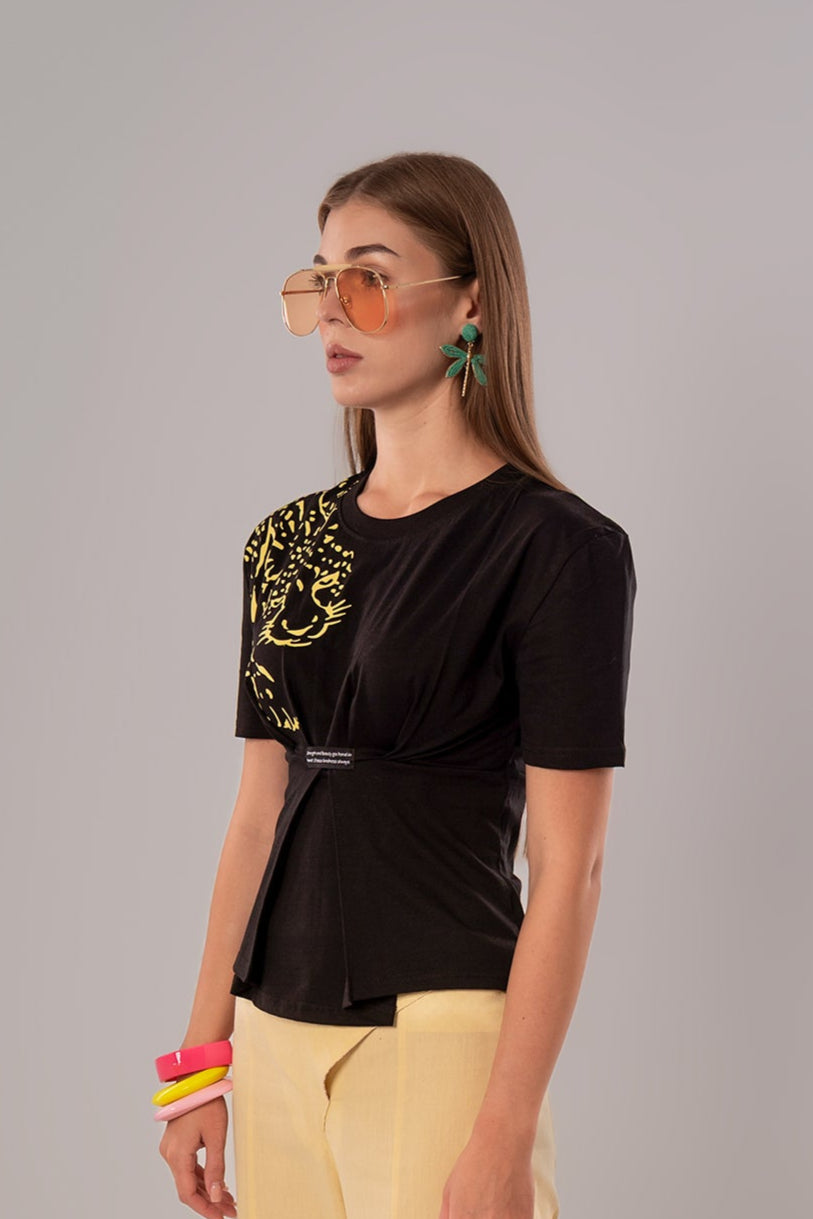 Tiger-Print Cotton Black Top