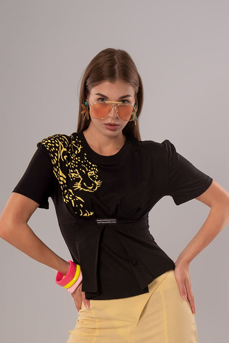 Tiger-Print Cotton Black Top